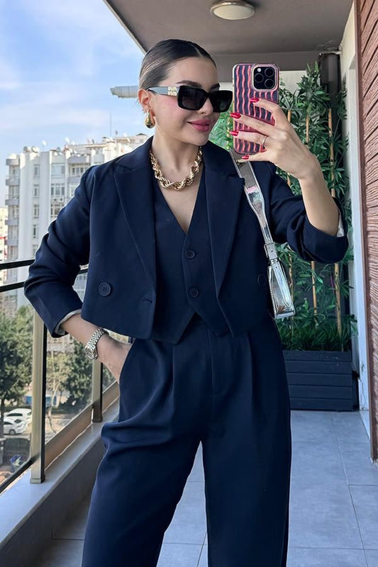 Maso Kruvaze Crop Blazer Ceket - Lacivert