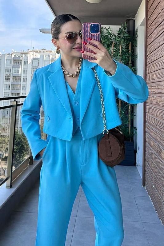 Maso Kruvaze Crop Blazer Ceket - Mavi