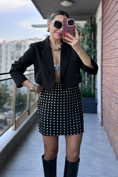 Maso Kruvaze Crop Blazer Ceket - Siyah
