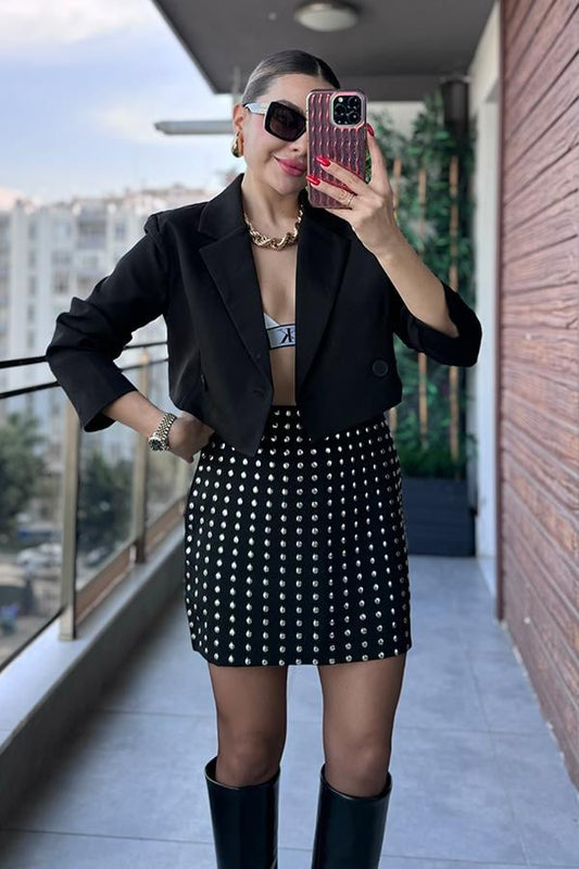 Maso Kruvaze Crop Blazer Ceket - Siyah