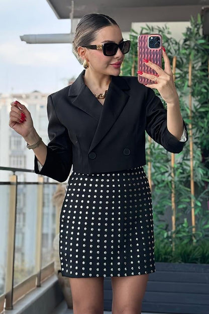 Maso Kruvaze Crop Blazer Ceket - Siyah