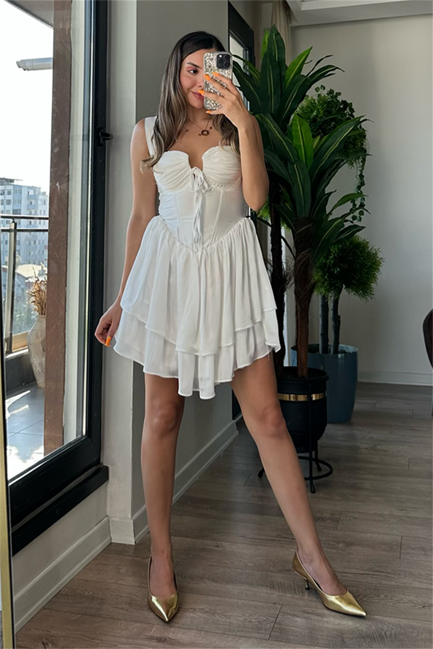 Matmazel korseli kat kat elbise - Beyaz