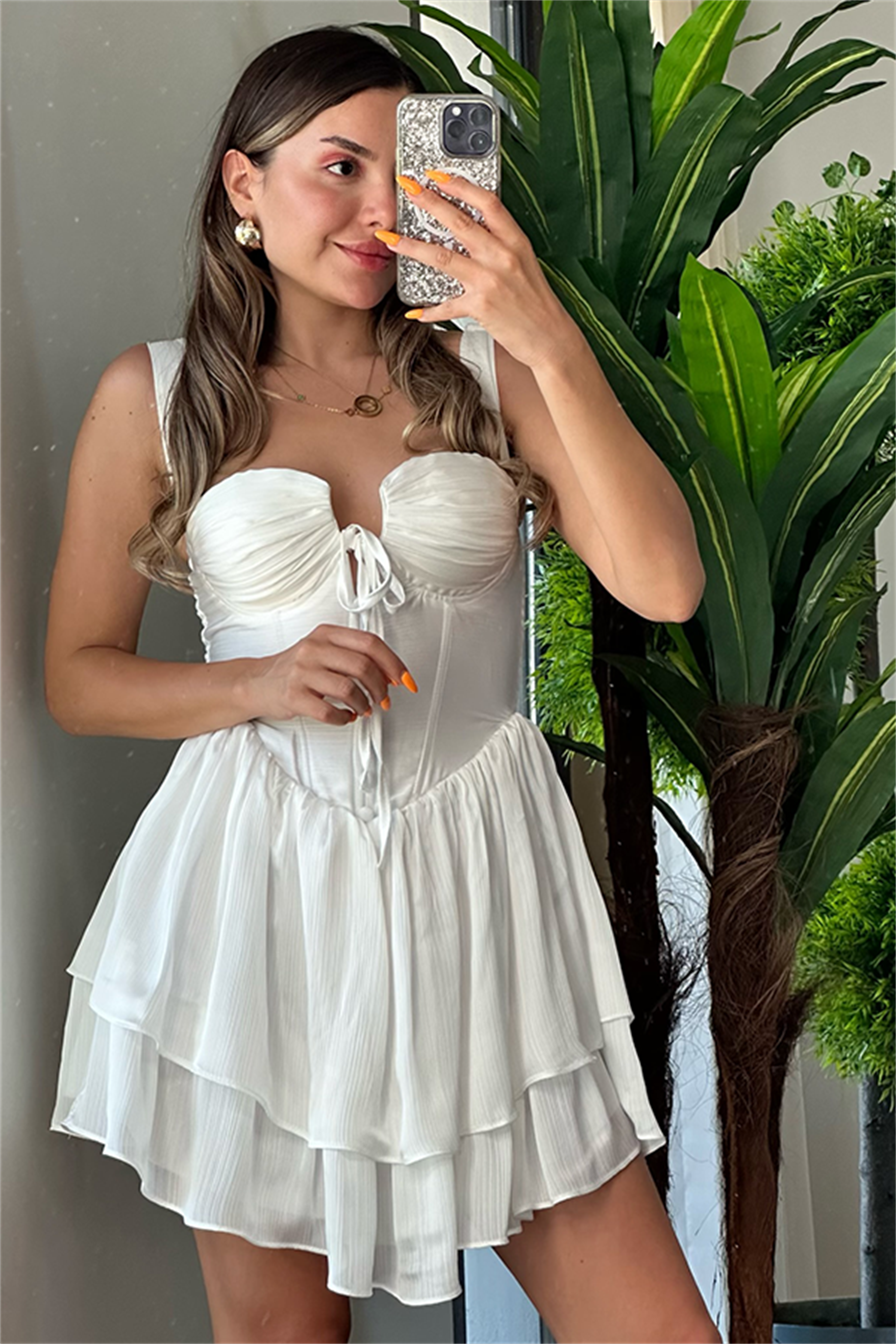 Matmazel korseli kat kat elbise - Beyaz