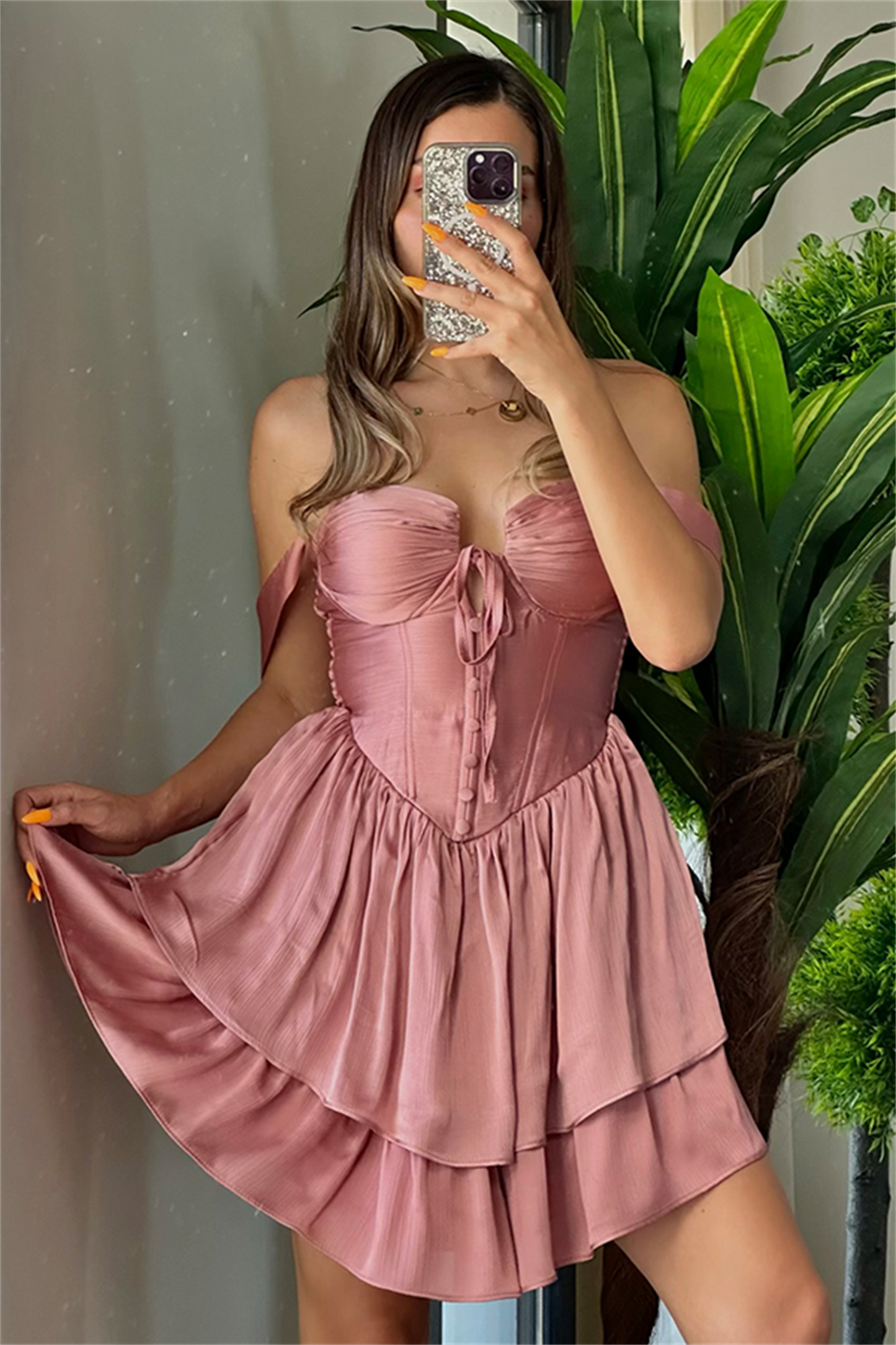 Matmazel korseli kat kat elbise - Gül kurusu