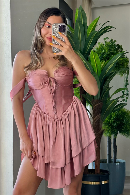 Matmazel korseli kat kat elbise - Gül kurusu