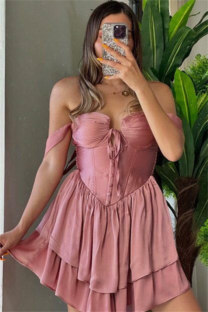 Matmazel korseli kat kat elbise - Gül kurusu