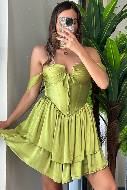 Matmazel korseli kat kat elbise - Yağ yeşil