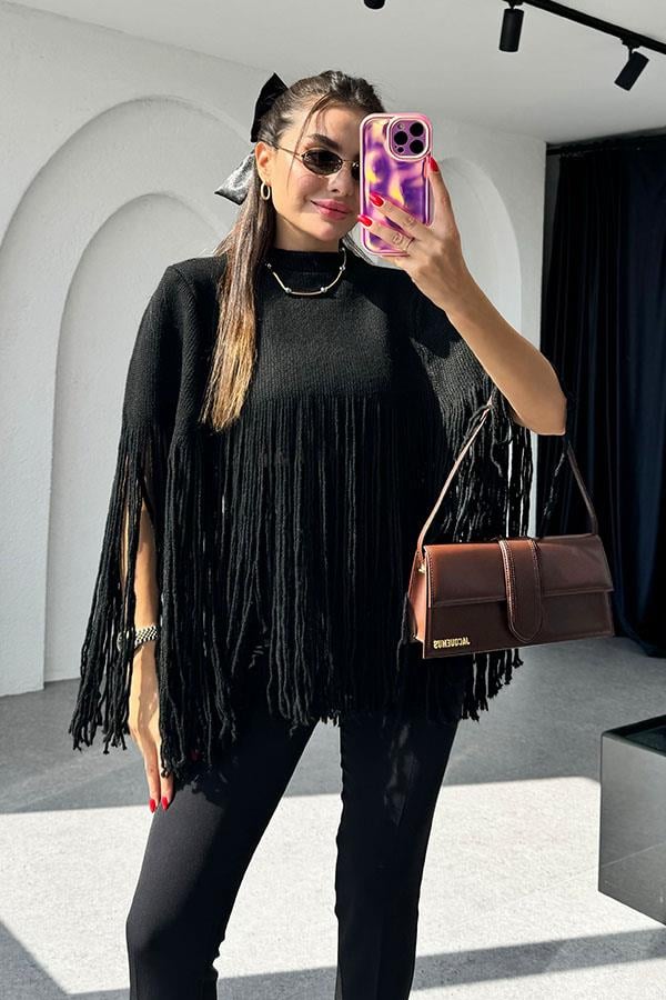 Mattia Püsküllü Siyah Panço