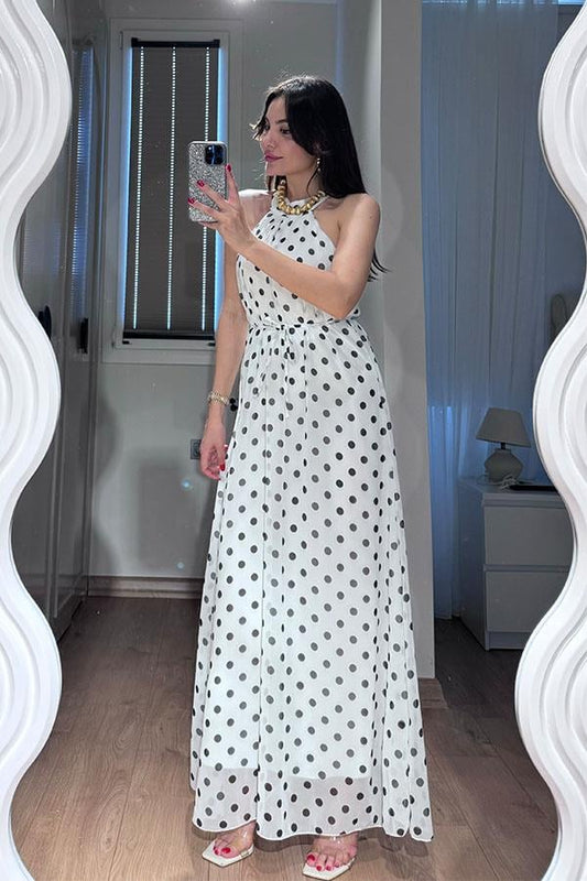 Maul Halter Yaka Puantiyeli Elbise-Beyaz