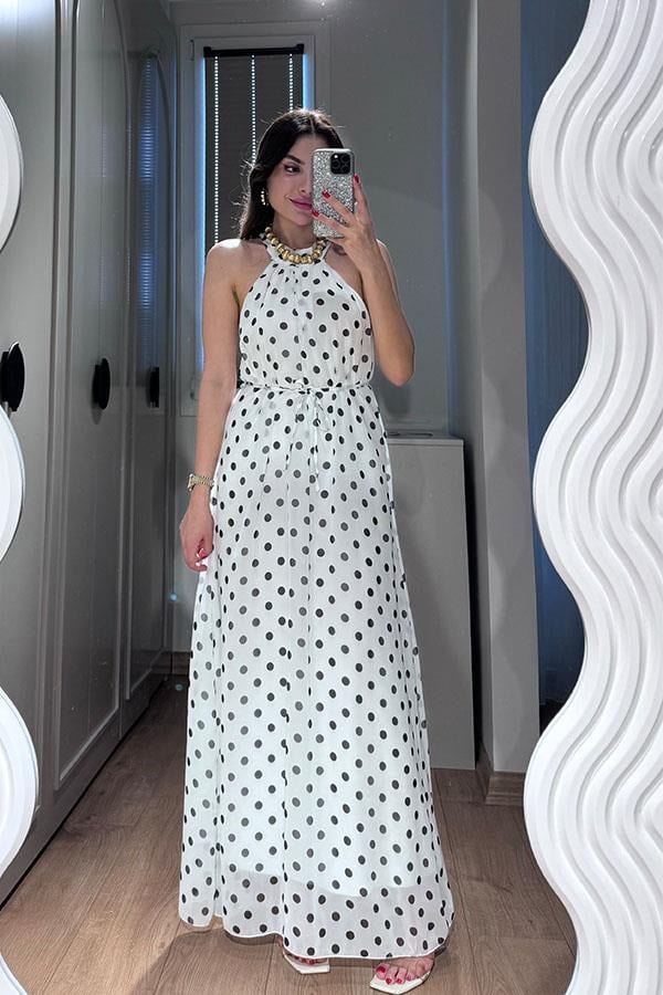 Maul Halter Yaka Puantiyeli Elbise-Beyaz
