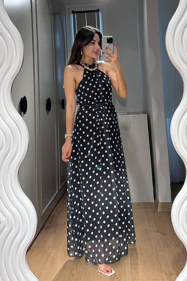 Maul Halter Yaka Puantiyeli Elbise-Siyah