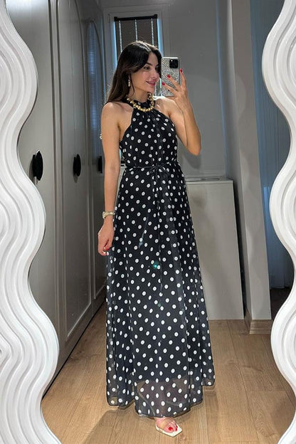 Maul Halter Yaka Puantiyeli Elbise-Siyah
