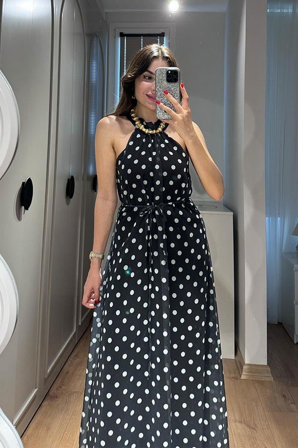 Maul Halter Yaka Puantiyeli Elbise-Siyah