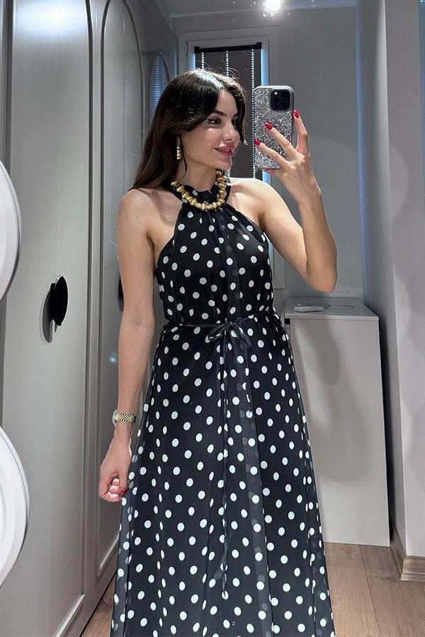 Maul Halter Yaka Puantiyeli Elbise-Siyah