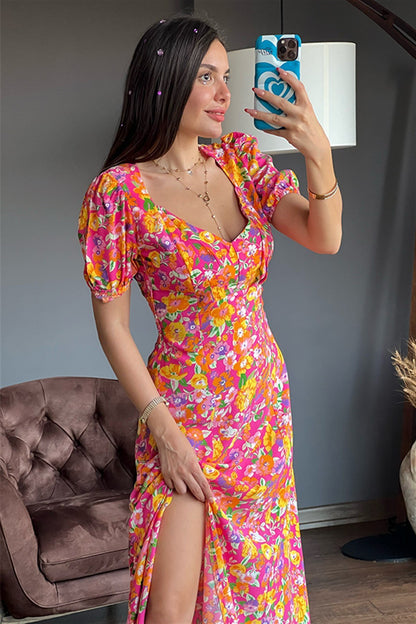 Maura kolları fırfırlı çiçekli yırtmaçlı elbise