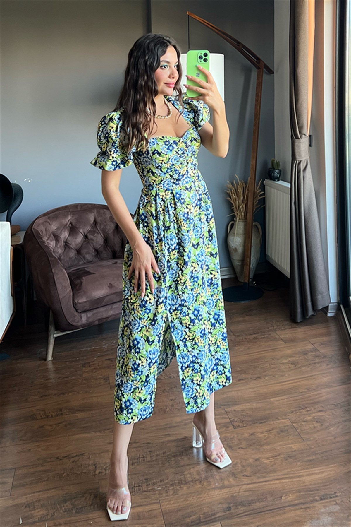 Mavi çiçekli balon kol keten elbise