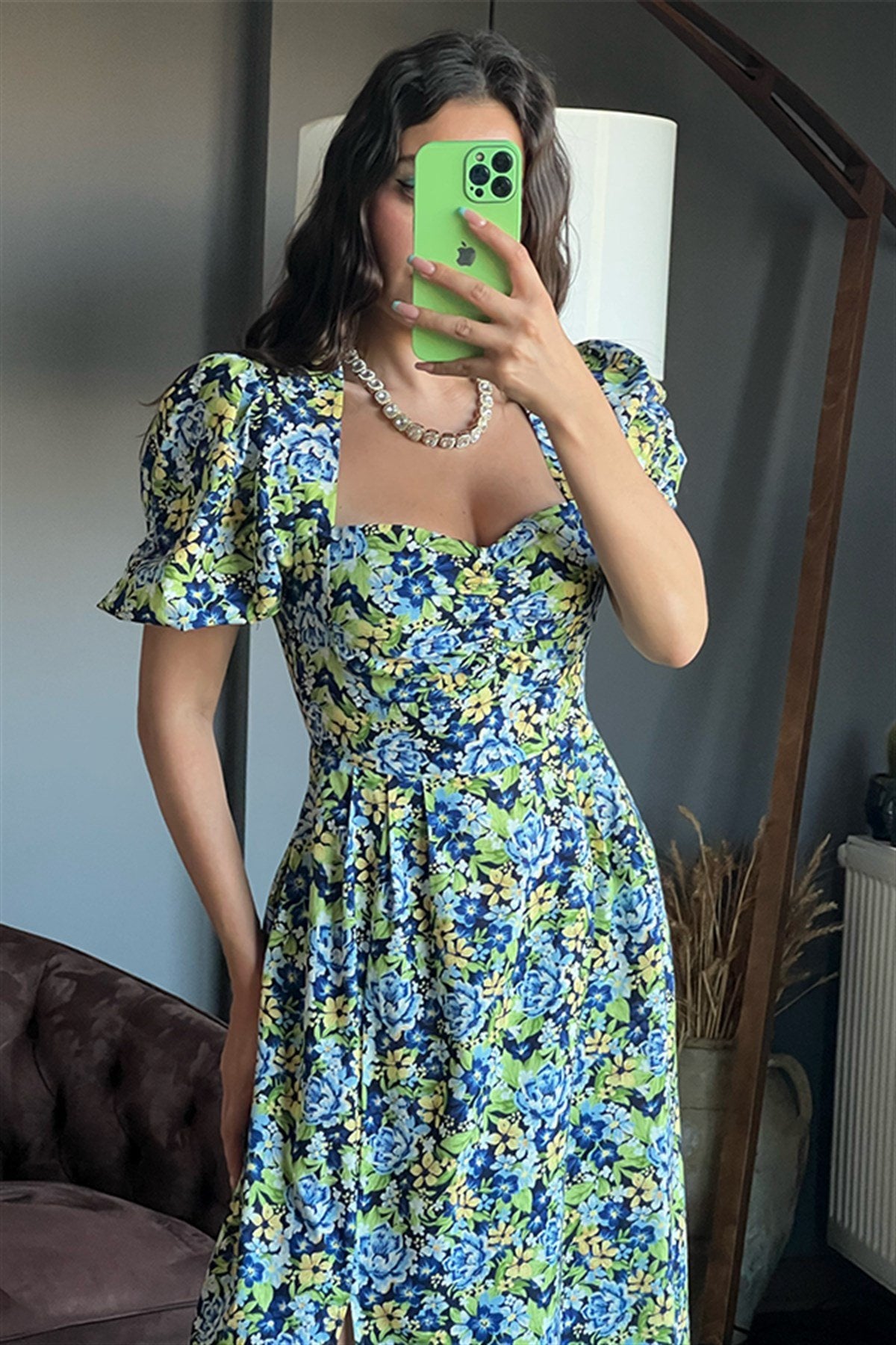 Mavi çiçekli balon kol keten elbise