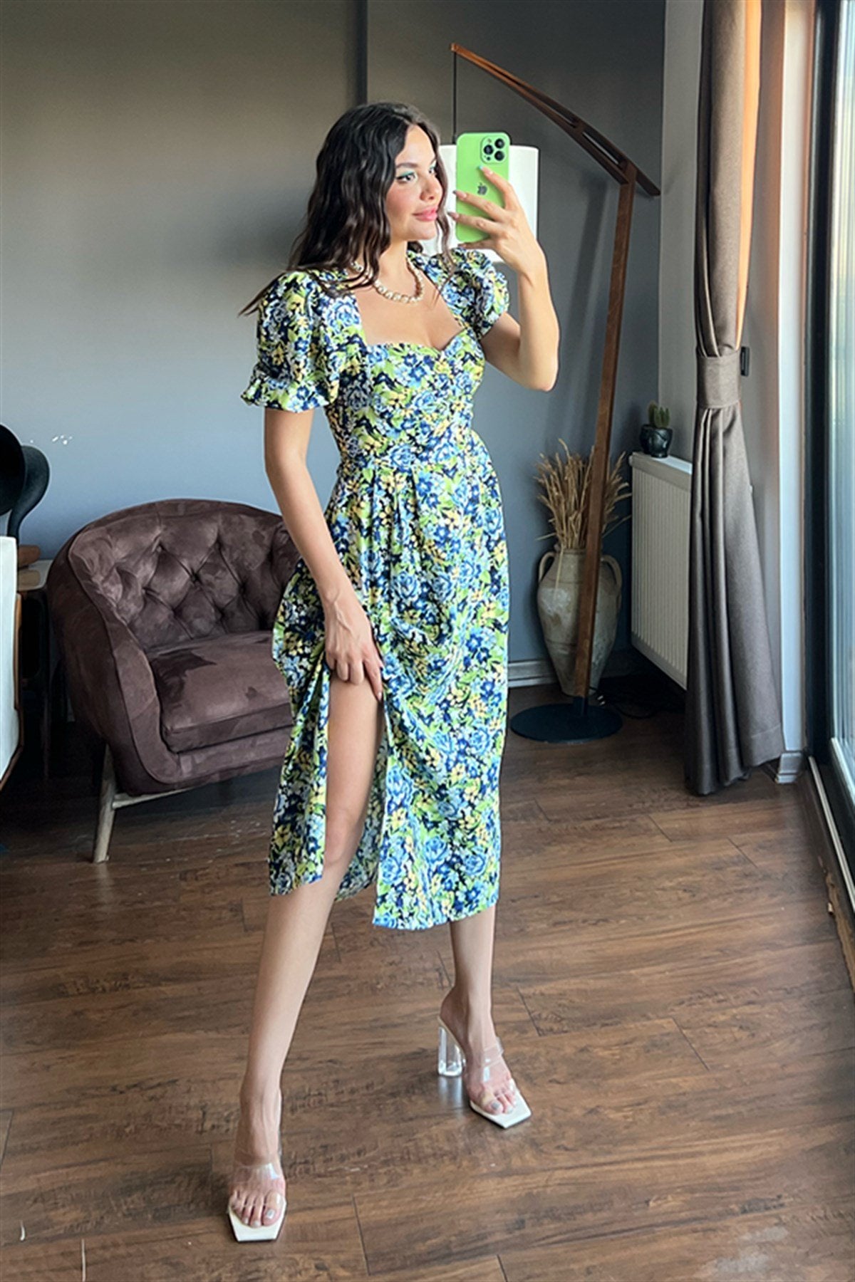 Mavi çiçekli balon kol keten elbise