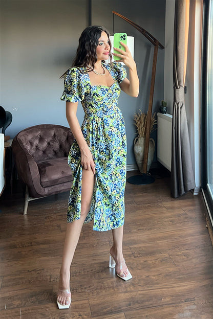 Mavi çiçekli balon kol keten elbise