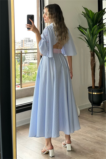 Mavi çizgili sırt dekolteli gömlek elbise
