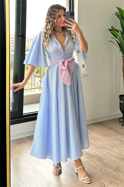 Mavi çizgili sırt dekolteli gömlek elbise