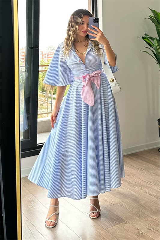 Mavi çizgili sırt dekolteli gömlek elbise