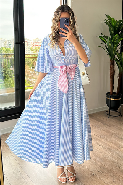 Mavi çizgili sırt dekolteli gömlek elbise