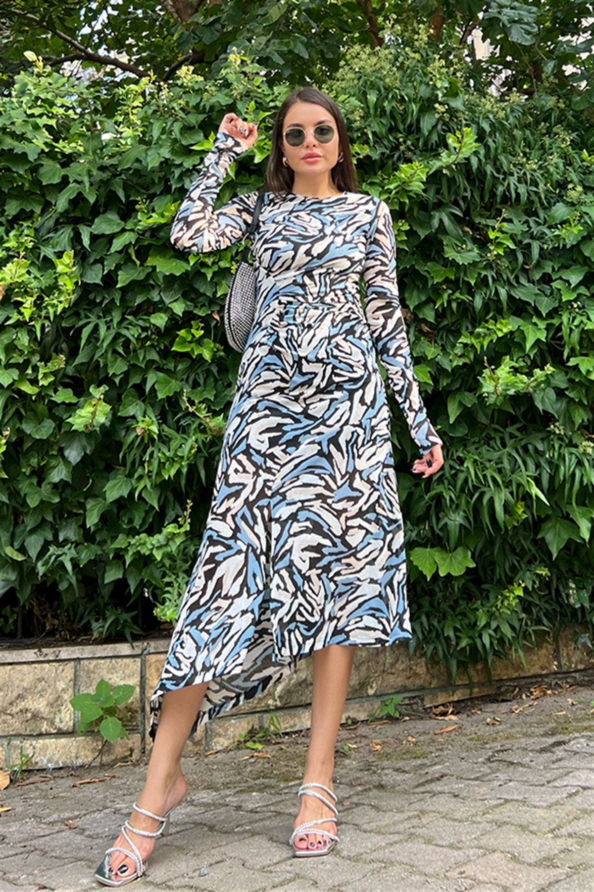 Topshop Mavi desenli uzun kollu elbise