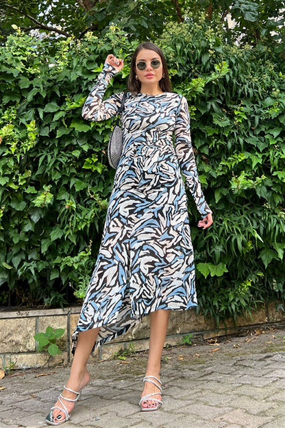 Topshop Mavi desenli uzun kollu elbise