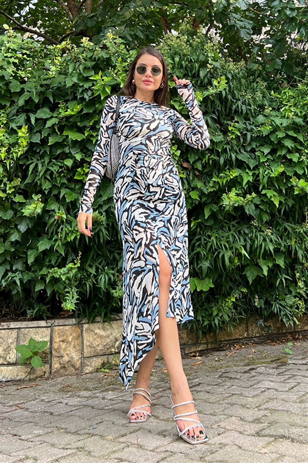 Topshop Mavi desenli uzun kollu elbise