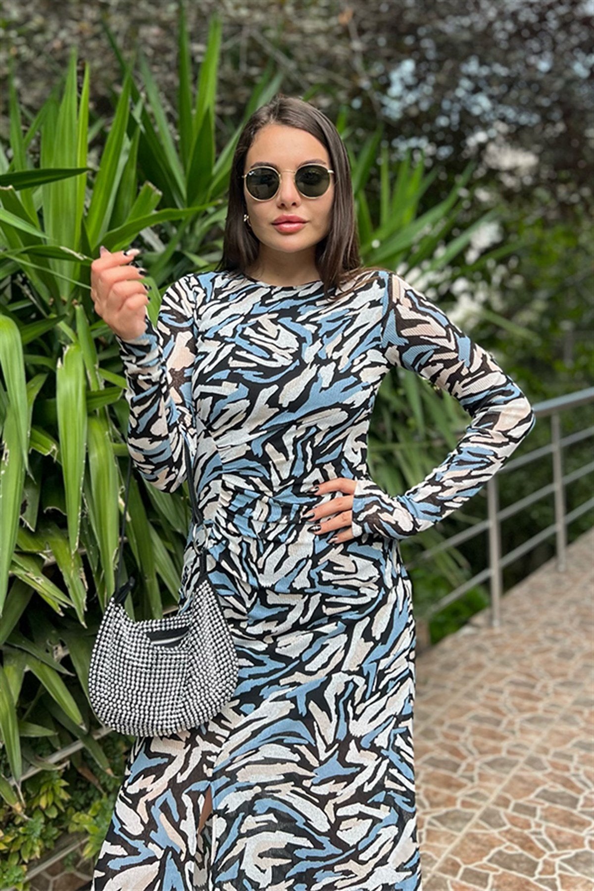 Topshop Mavi desenli uzun kollu elbise