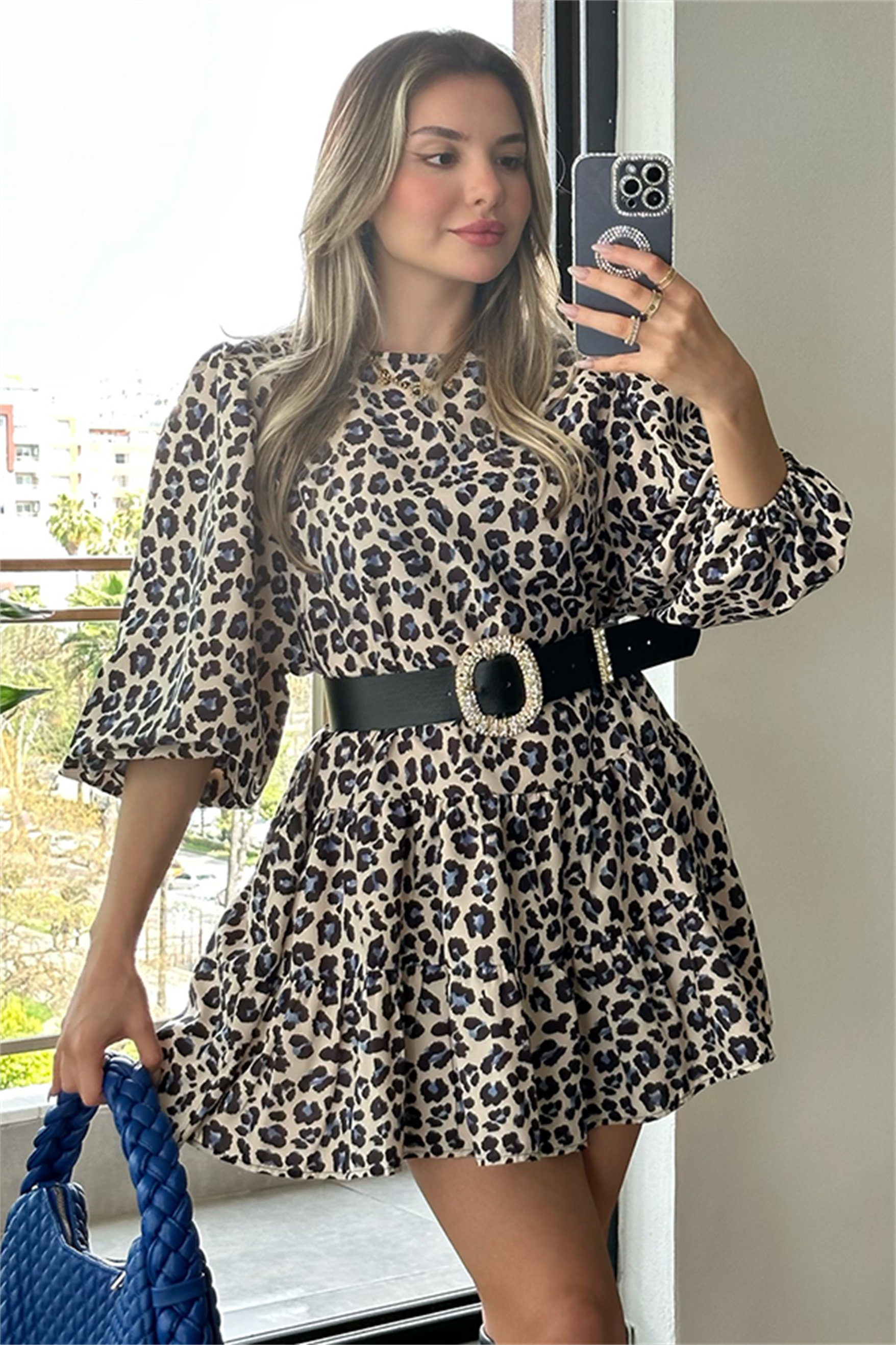Mavi leopar desenli balon kol çan elbise