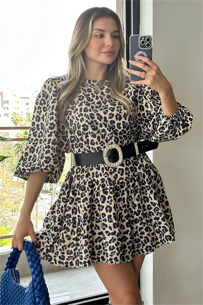 Mavi leopar desenli balon kol çan elbise