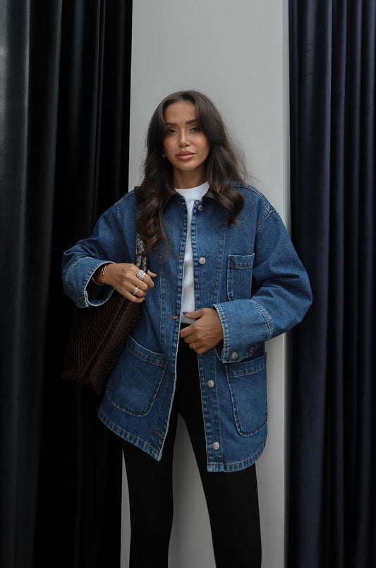 MAVI YAKASI DERI DETAYLI DENIM CEKET