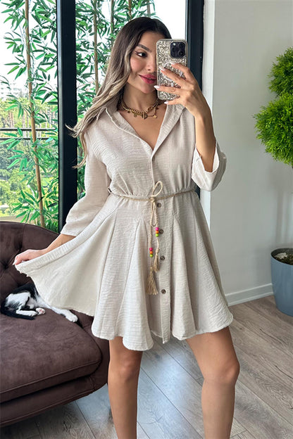 Mayor kemerli gömlek elbise - Ekru