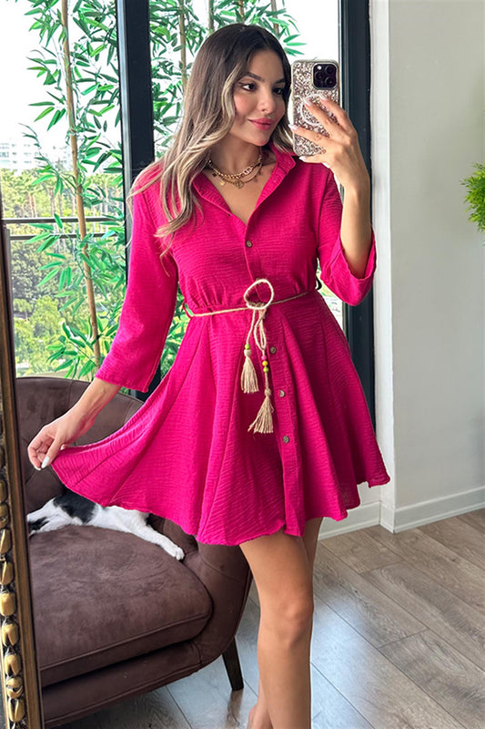 Mayor kemerli gömlek elbise - Pembe