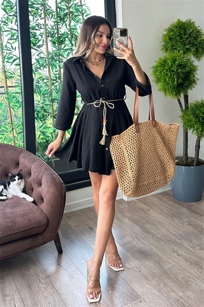 Mayor kemerli gömlek elbise - Siyah