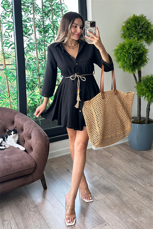 Mayor kemerli gömlek elbise - Siyah