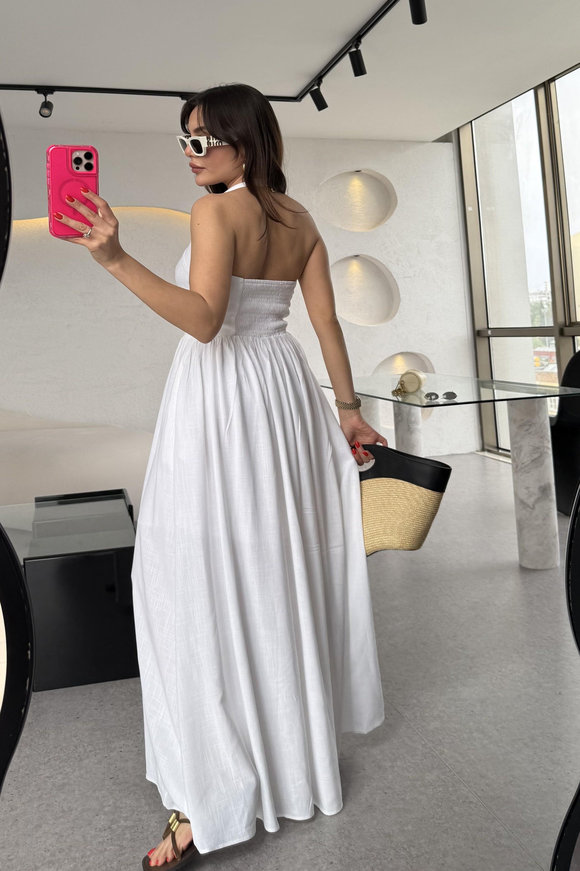 Mayra Ekru Boyundan Bağlamalı Keten Astarlı Elbise