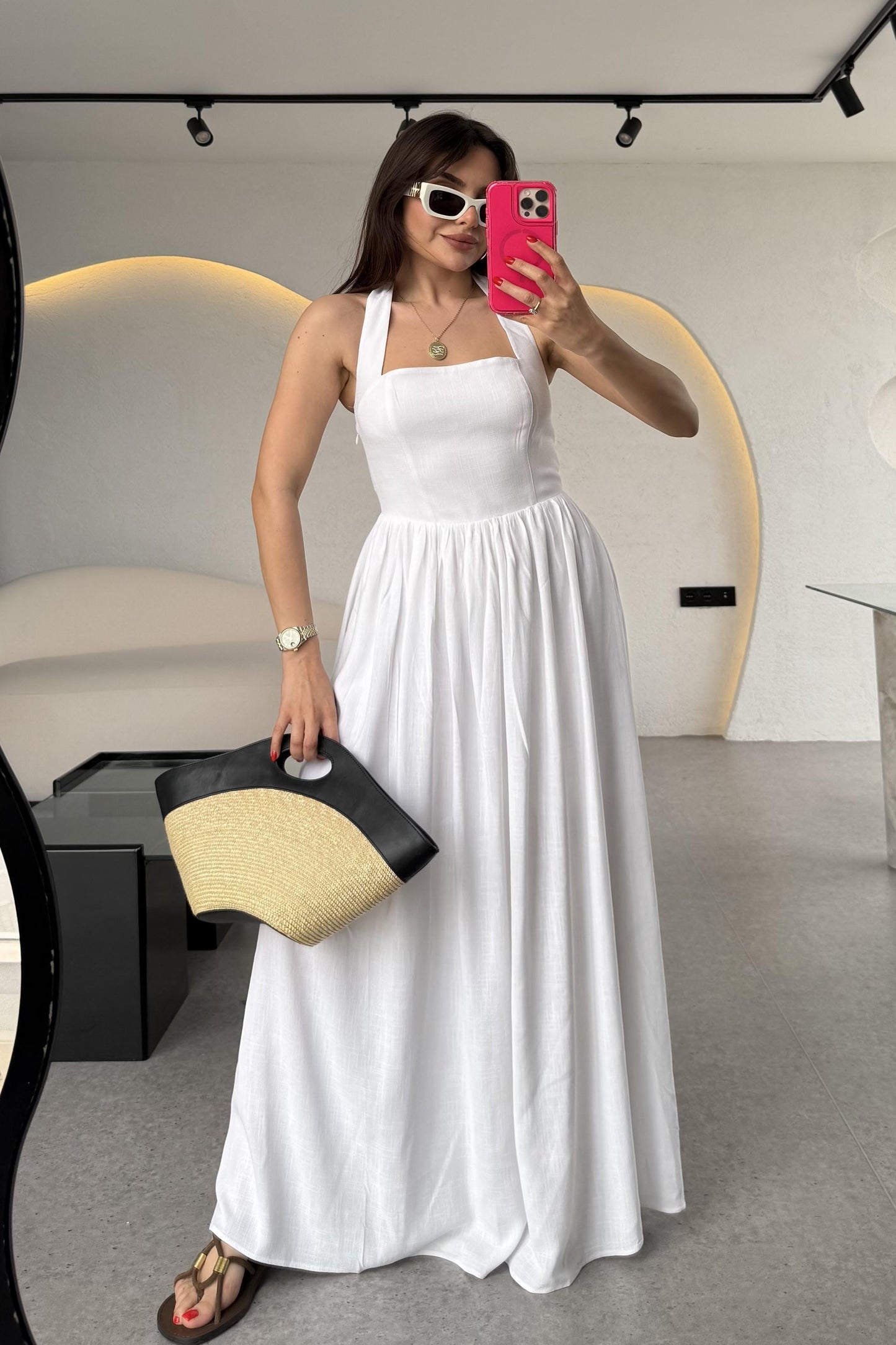 Mayra Ekru Boyundan Bağlamalı Keten Astarlı Elbise