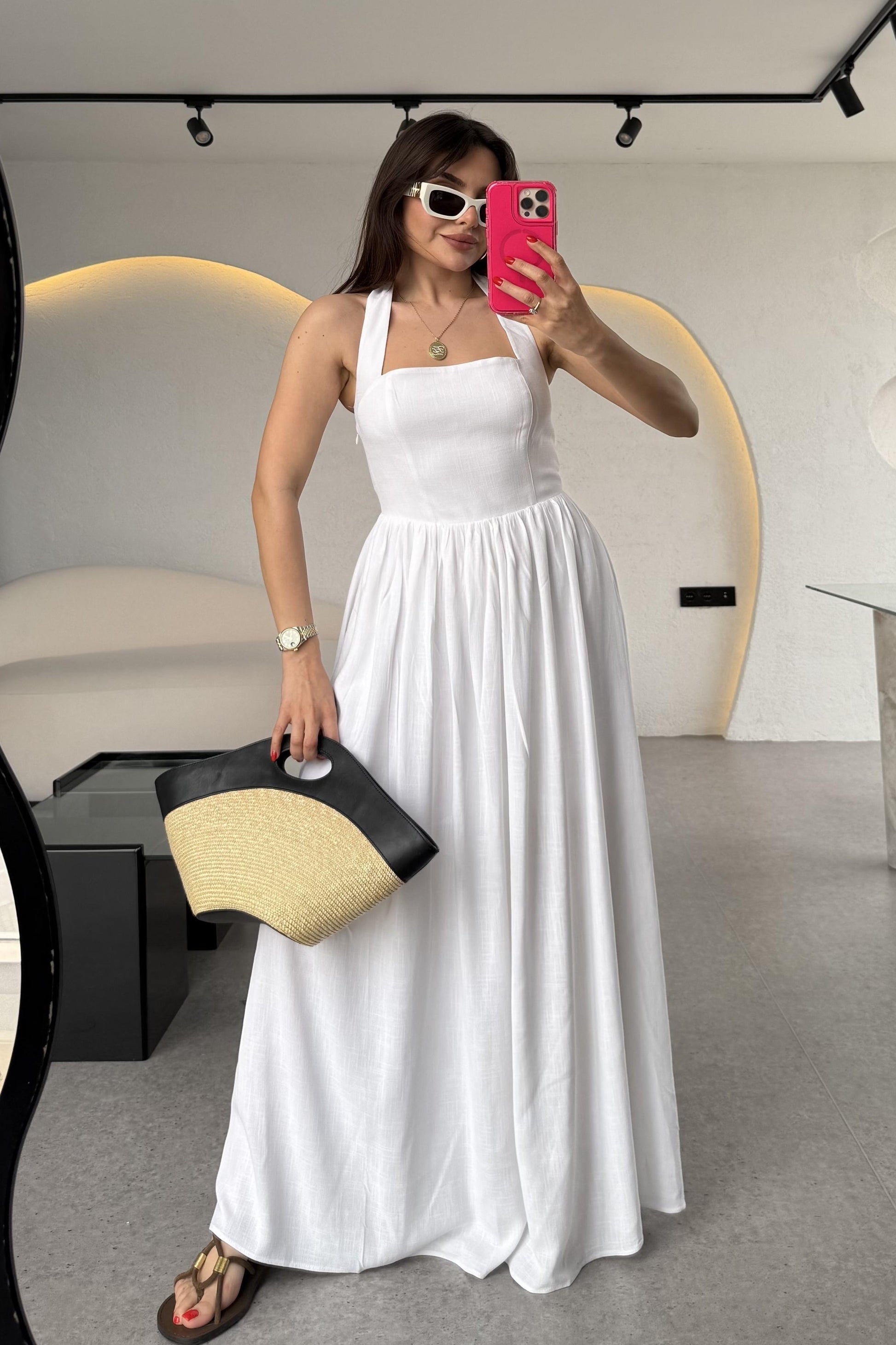 Mayra Ekru Boyundan Bağlamalı Keten Astarlı Elbise