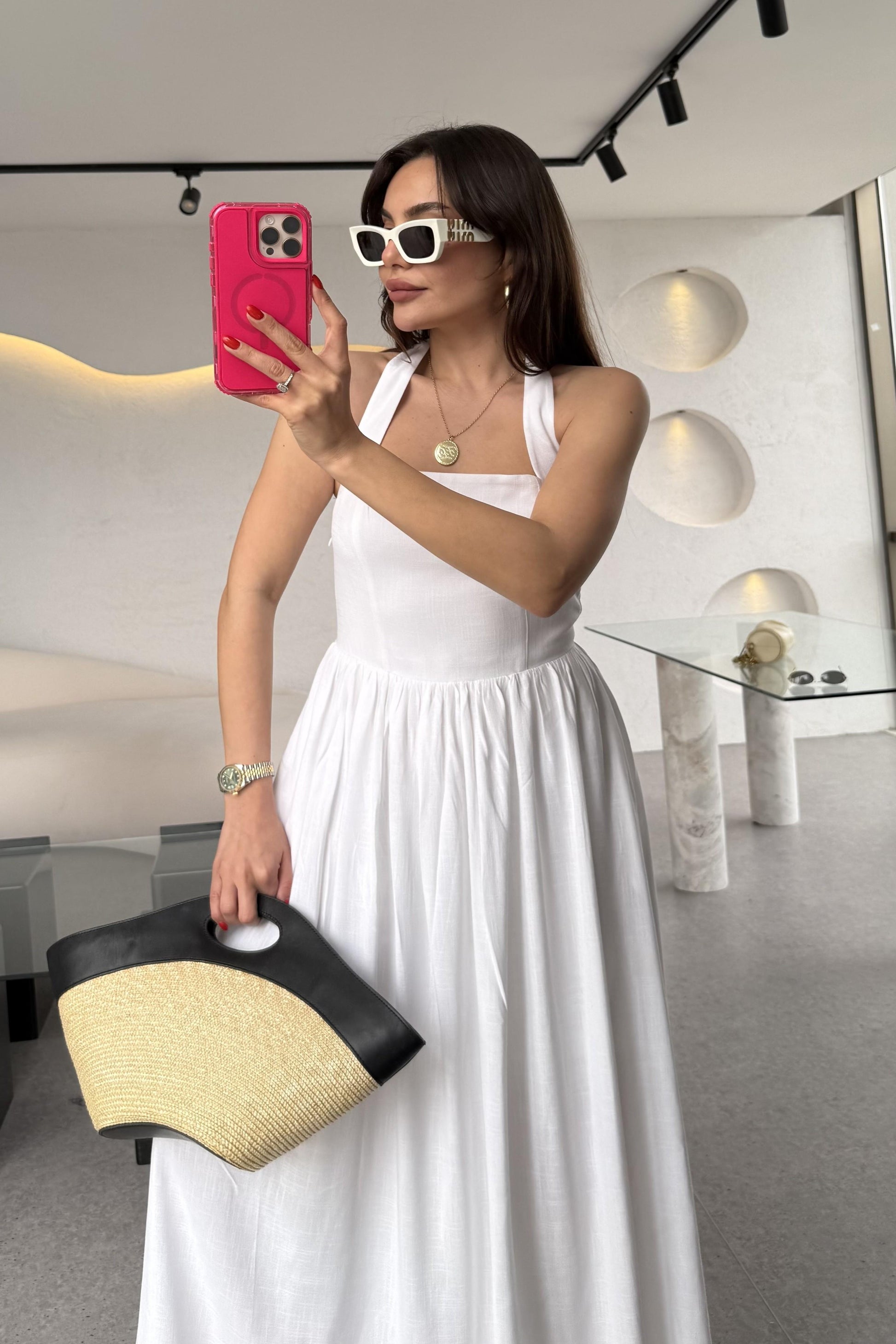 Mayra Ekru Boyundan Bağlamalı Keten Astarlı Elbise