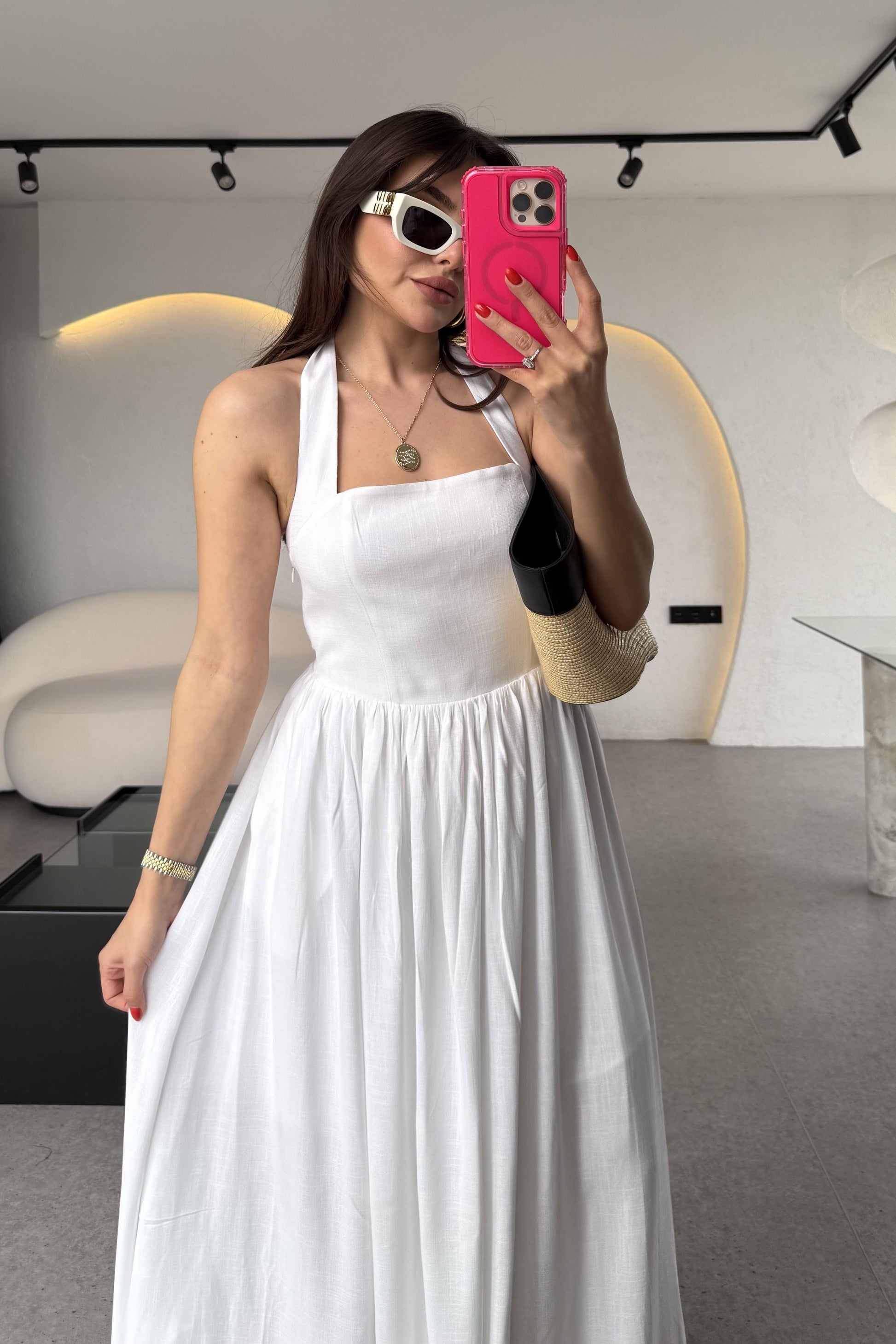 Mayra Ekru Boyundan Bağlamalı Keten Astarlı Elbise