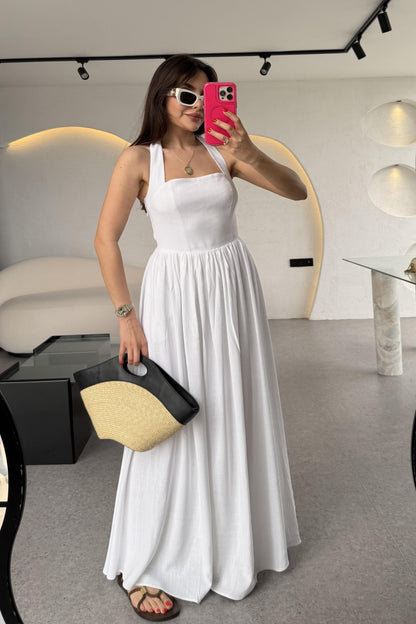 Mayra Ekru Boyundan Bağlamalı Keten Astarlı Elbise