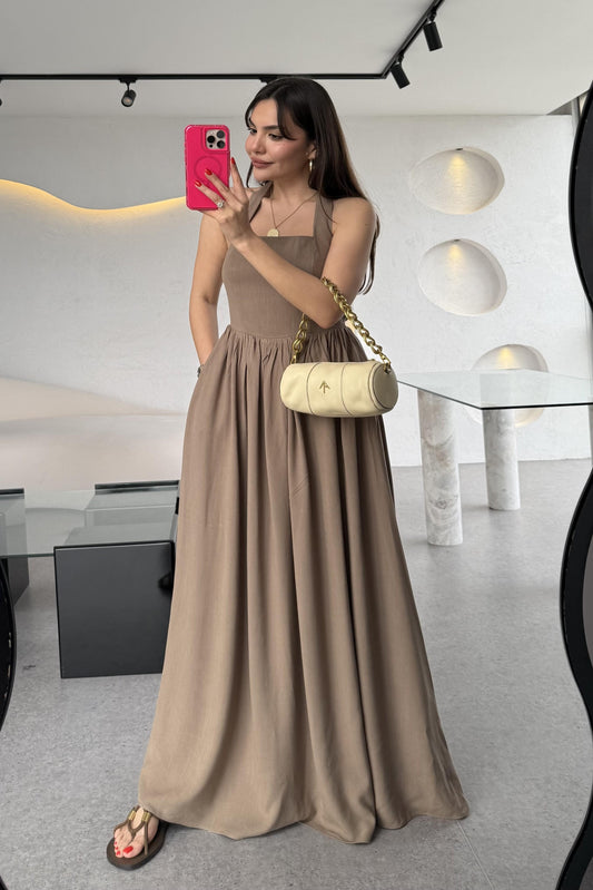 Mayra Kahve Boyundan Bağlamalı Keten Astarlı Elbise