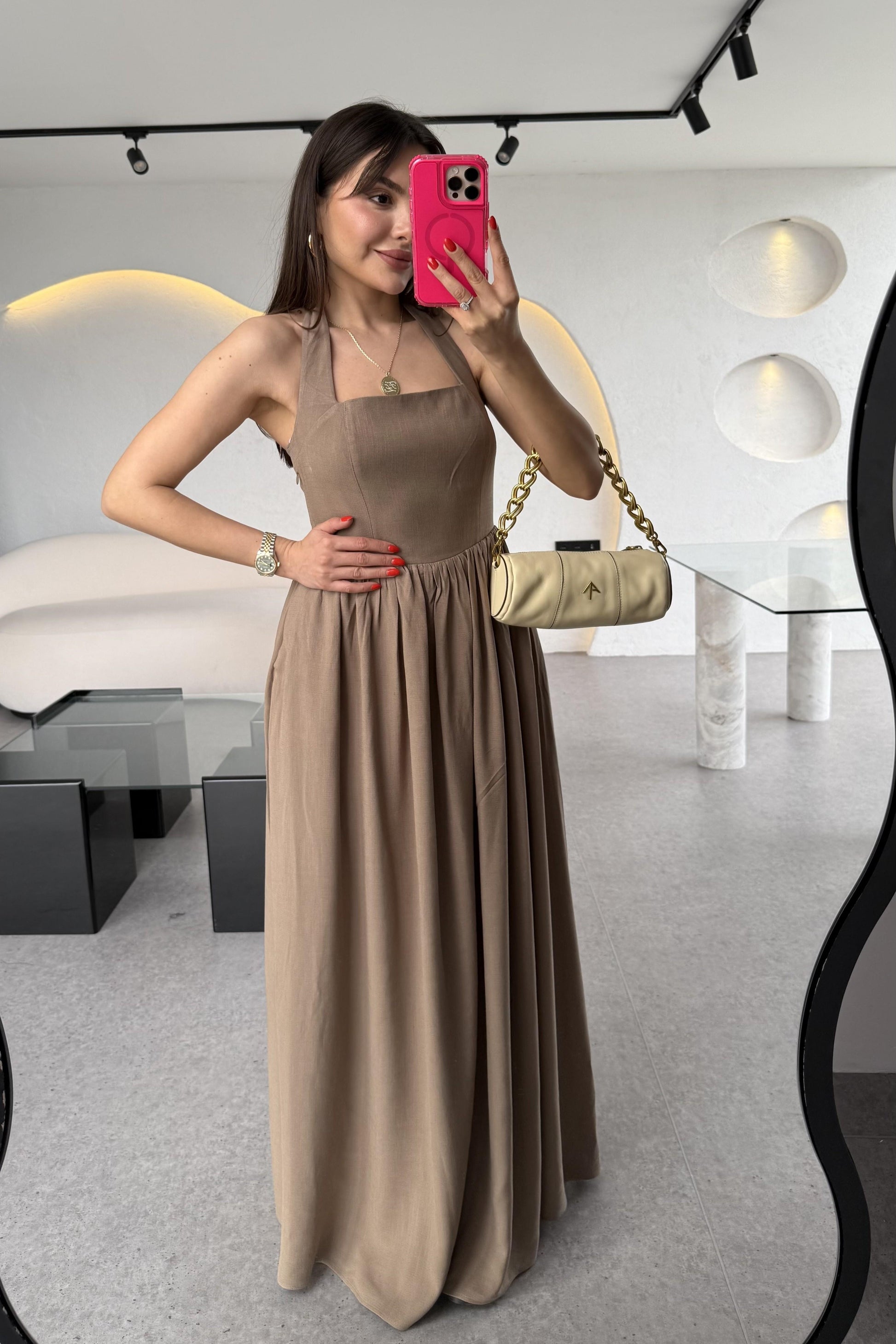 Mayra Kahve Boyundan Bağlamalı Keten Astarlı Elbise