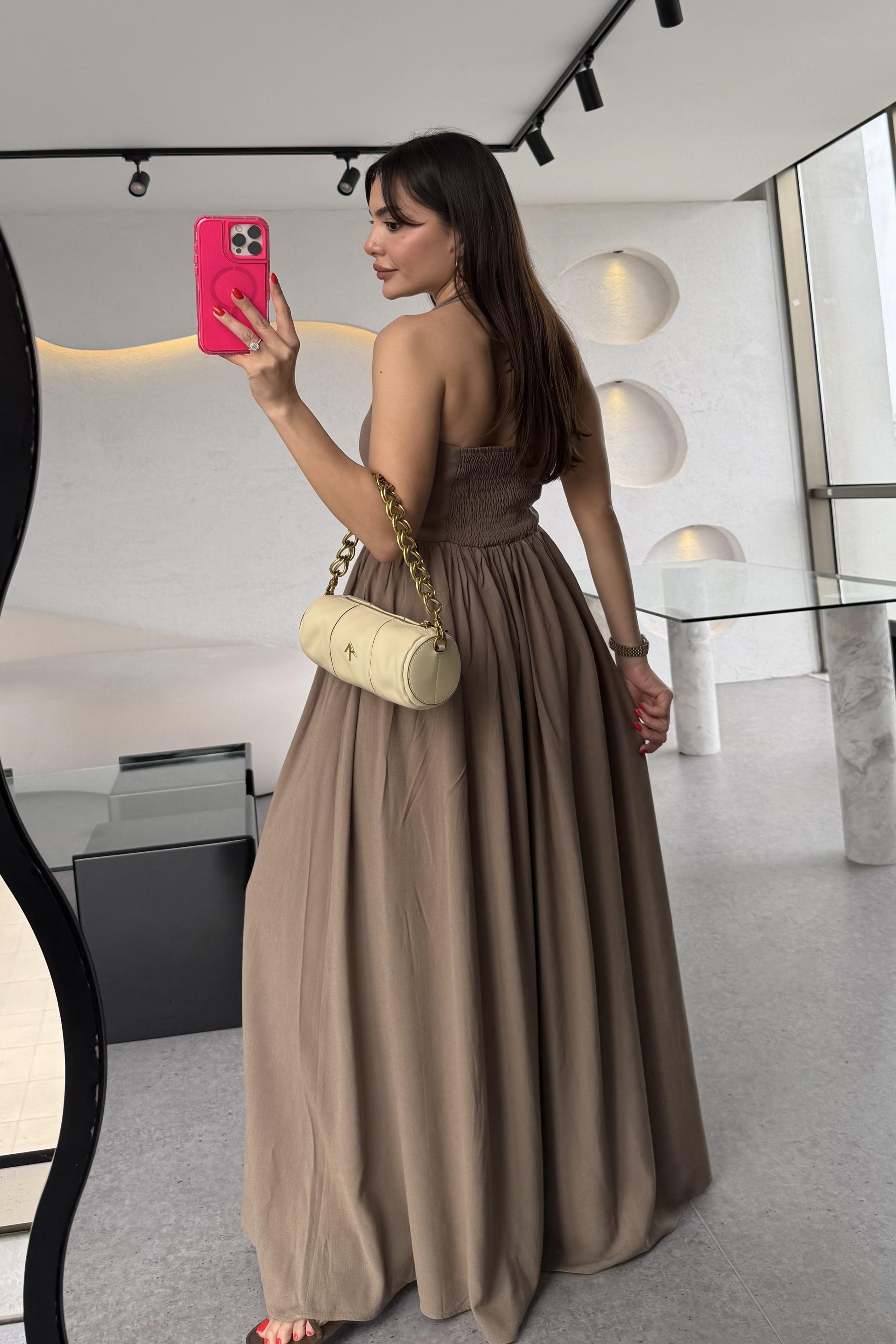 Mayra Kahve Boyundan Bağlamalı Keten Astarlı Elbise