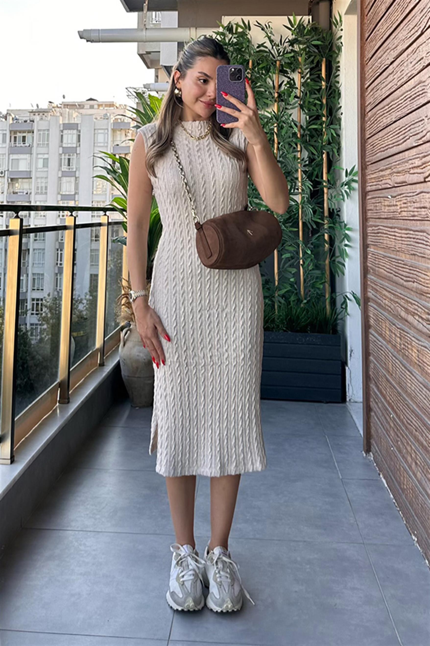 MD Örme Sıfır Kol Triko Elbise - Krem