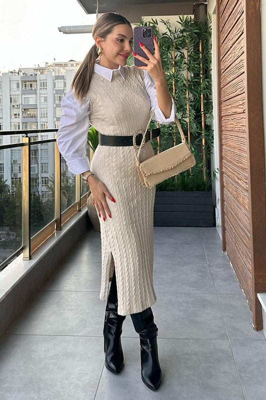 MD Örme Sıfır Kol Triko Elbise - Krem