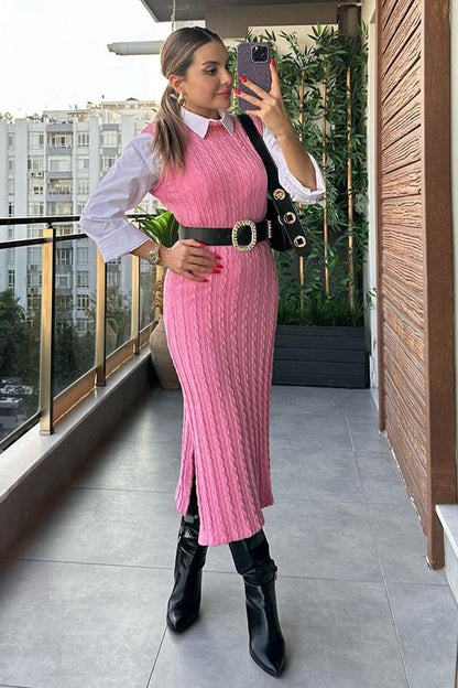 MD Örme Sıfır Kol Triko Elbise - Pembe